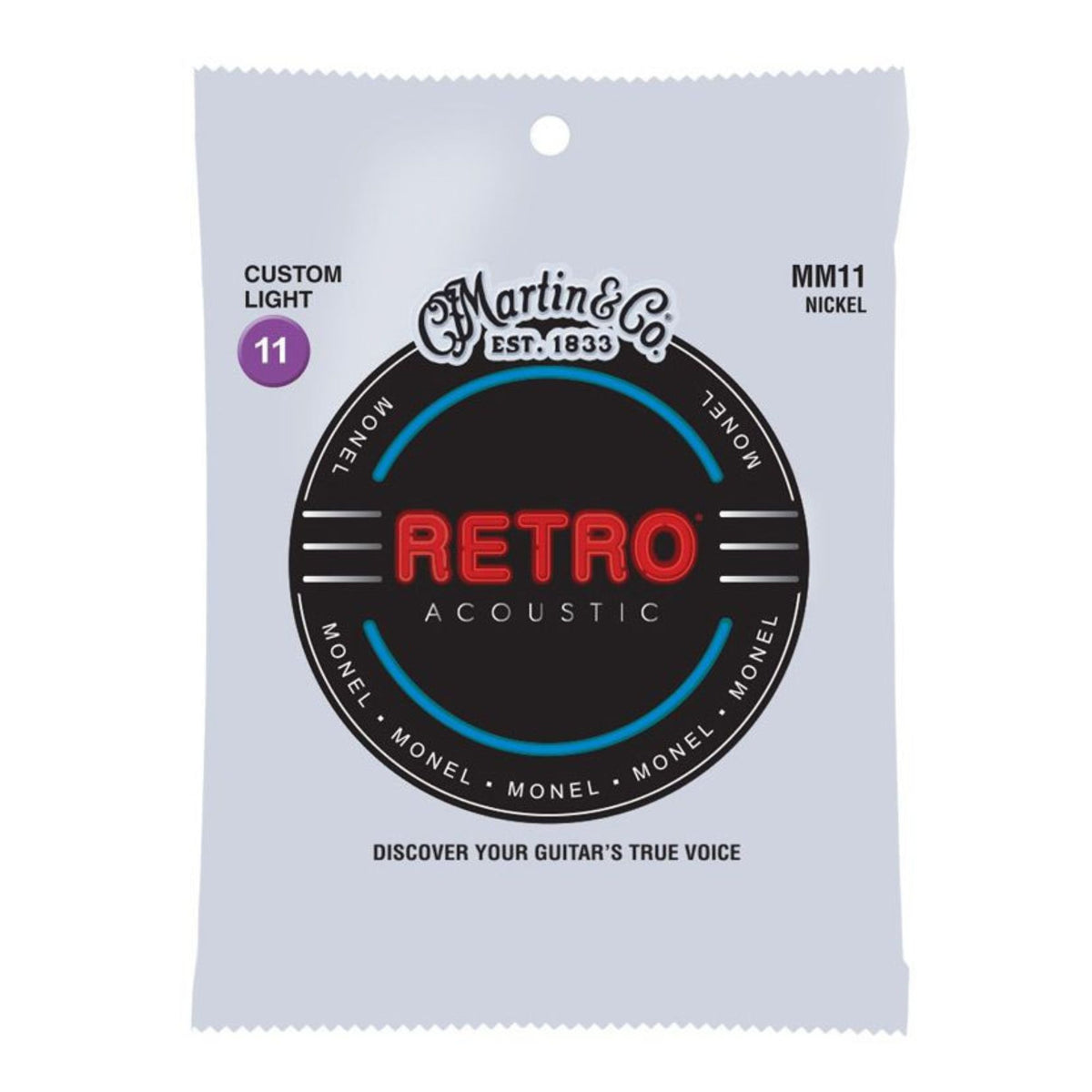 Martin MM11 Retro 11-52 Monel acoustic guitar strings, light gauge, shown on a guitar, with packaging and branding visible.