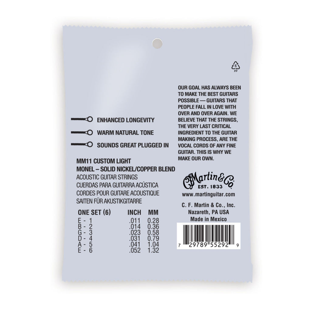 Martin MM11 Retro 11-52 Monel acoustic guitar strings on a guitar, showcasing the lightweight and high-quality construction.