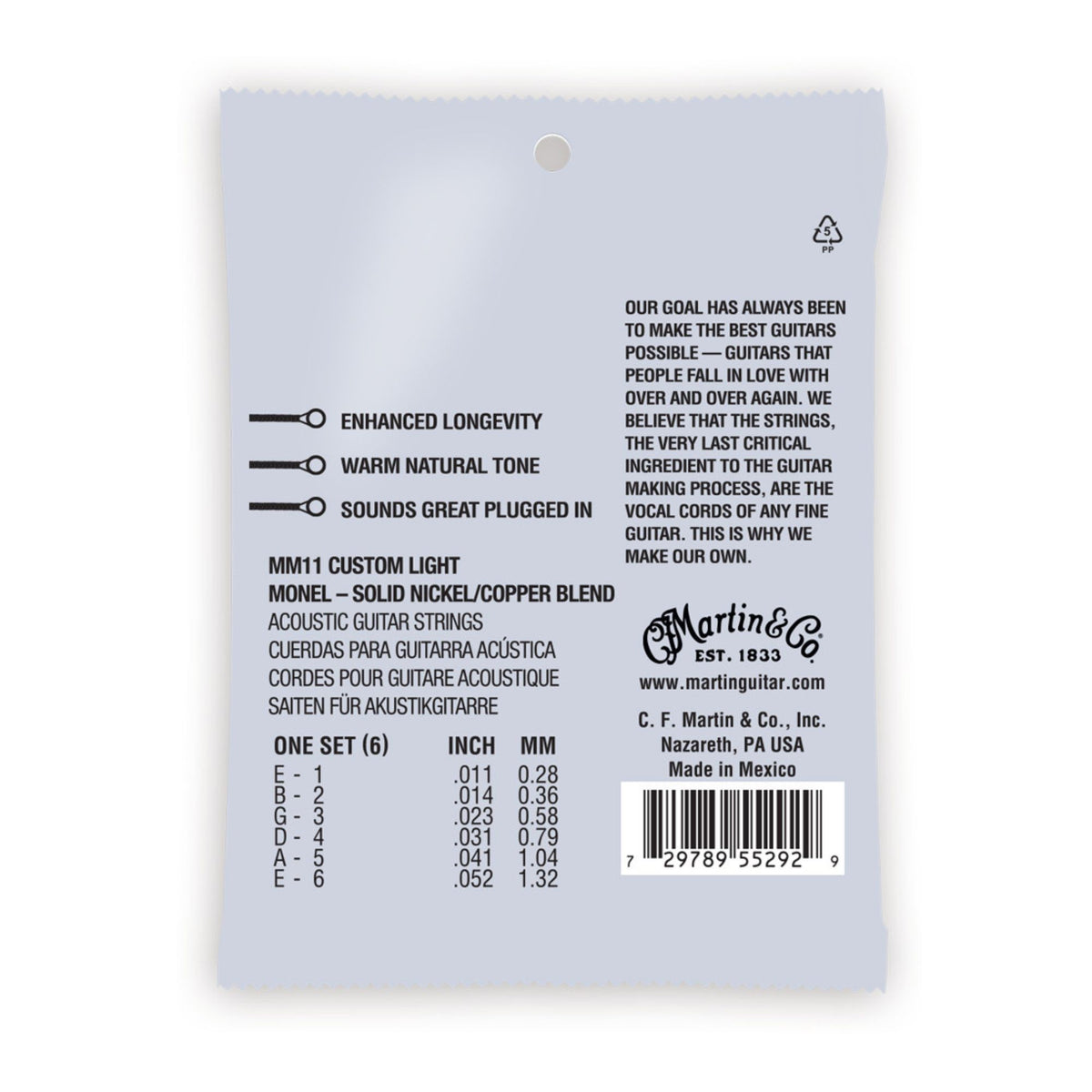 Martin MM11 Retro 11-52 Monel acoustic guitar strings on a guitar, showcasing the lightweight and high-quality construction.