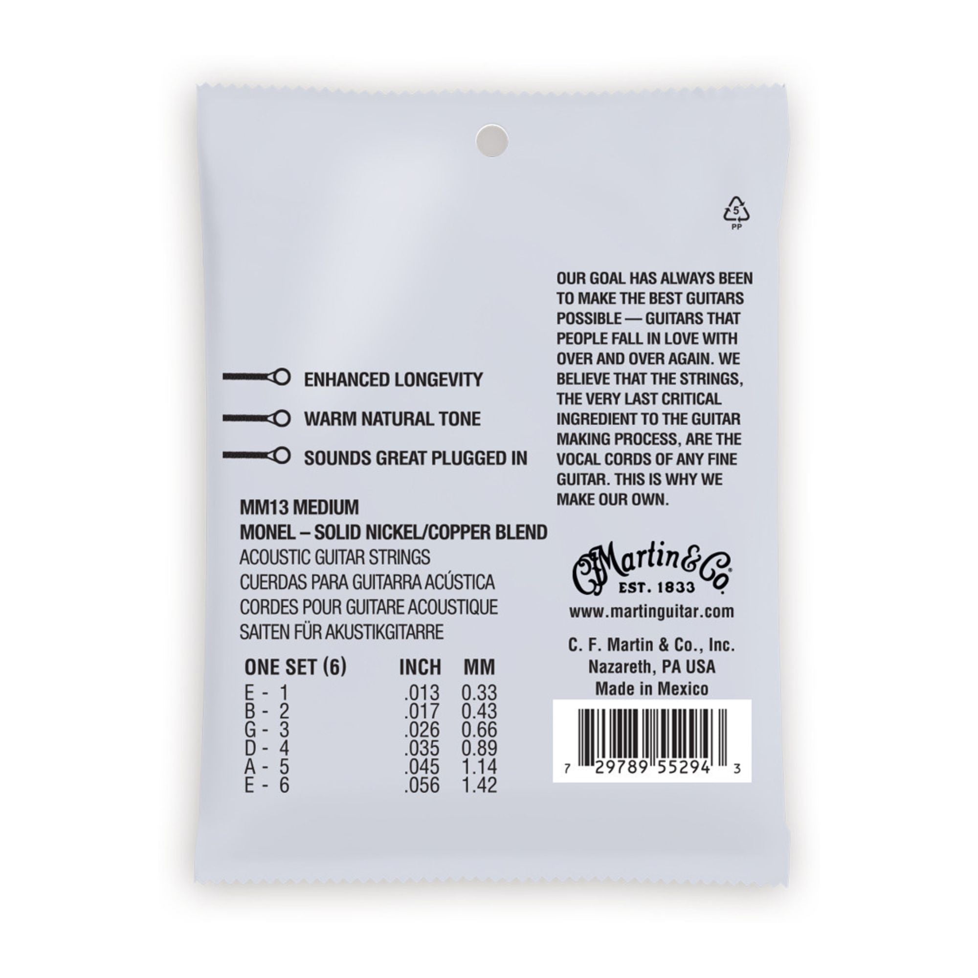 Martin Retro Medium/Light 13-56 Monel acoustic guitar strings, close-up showing packaging and string details.