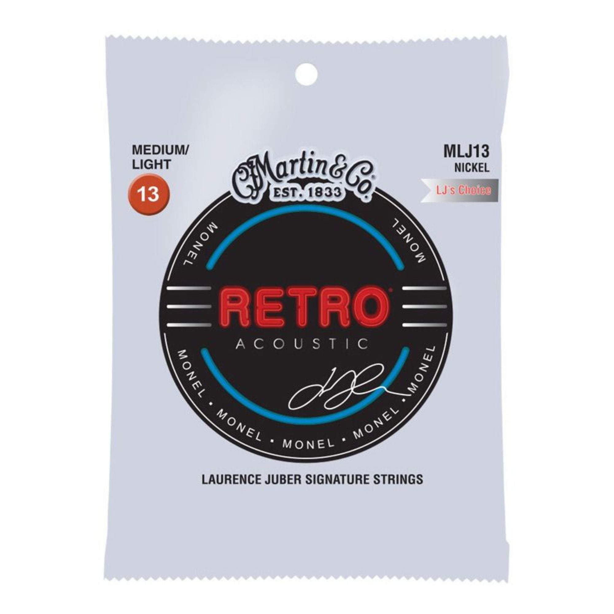 Martin Retro Lawrence Juber's Choice acoustic guitar strings, 13-56 gauge, shown on a Martin acoustic guitar.