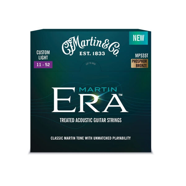 Martin Era Treated Acoustic Guitar Strings 11-52, custom light gauge, by Mega Music, shown on a guitar.