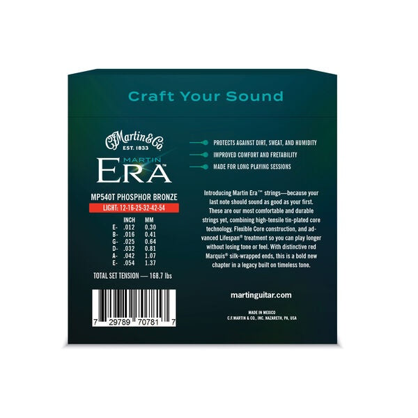 Martin Era Treated Acoustic Guitar Strings 12-54 Light by Mega Music, showing a set of smooth, treated steel strings for acoustic guitars.