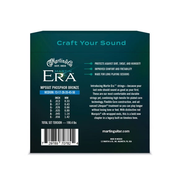 Martin Era Treated Acoustic Guitar Strings 13-56 medium gauge, shown on a set of acoustic guitar strings by Mega Music.