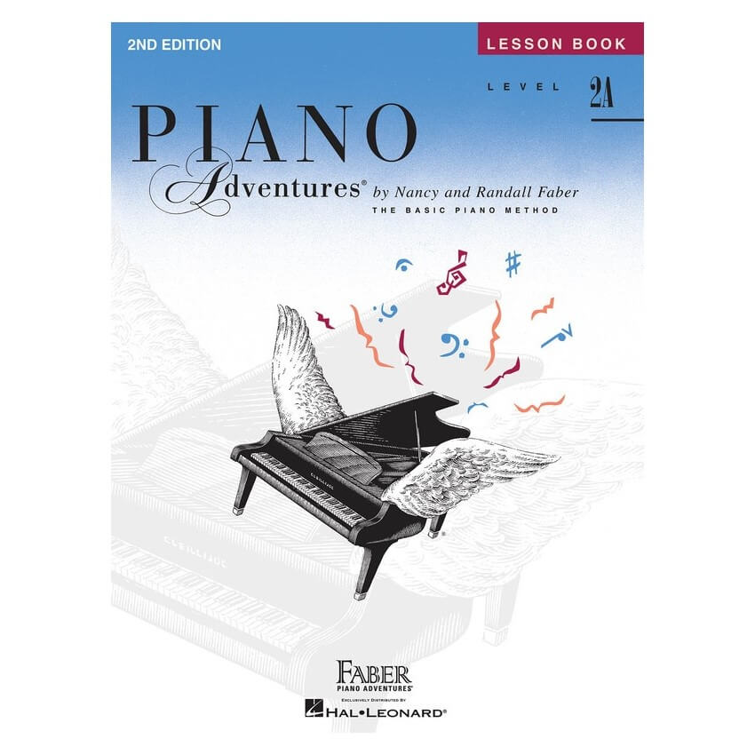 Faber Piano Adventures Level 2A lesson book for piano, featuring colorful cover with musical notes and illustrations.
