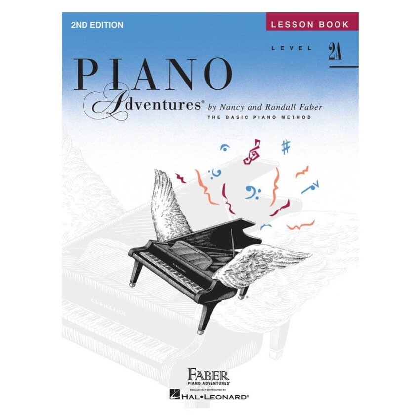 Faber Piano Adventures Level 2A Piano Lesson Book with colorful cover and musical notes for beginner piano students.