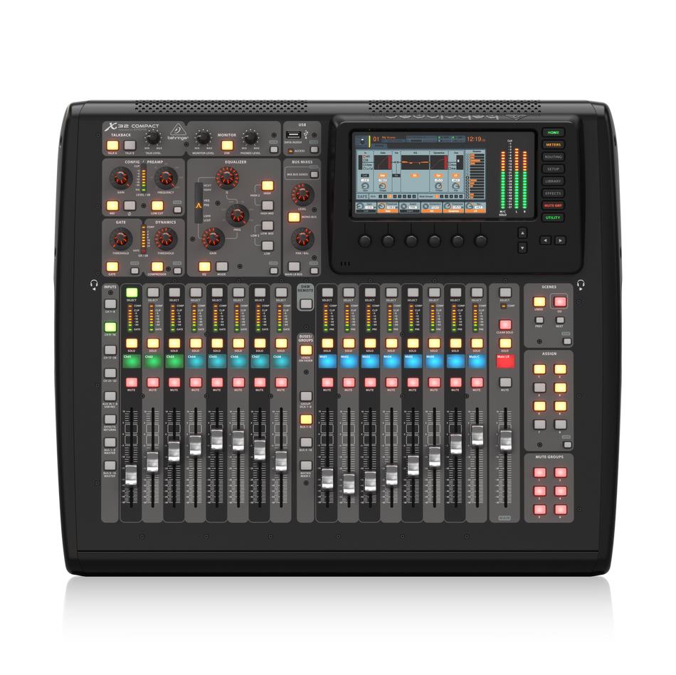 Behringer X32 digital mixer with 40 channels and MIDAS preamps, compact digital desk mixer for professional audio mixing.