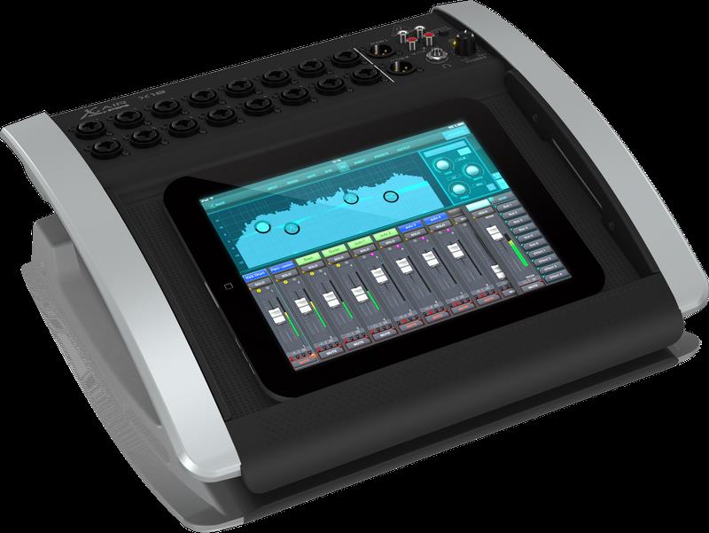Behringer X Air X18 compact digital mixer with touchscreen display and multiple input channels, ideal for live sound and studio use.