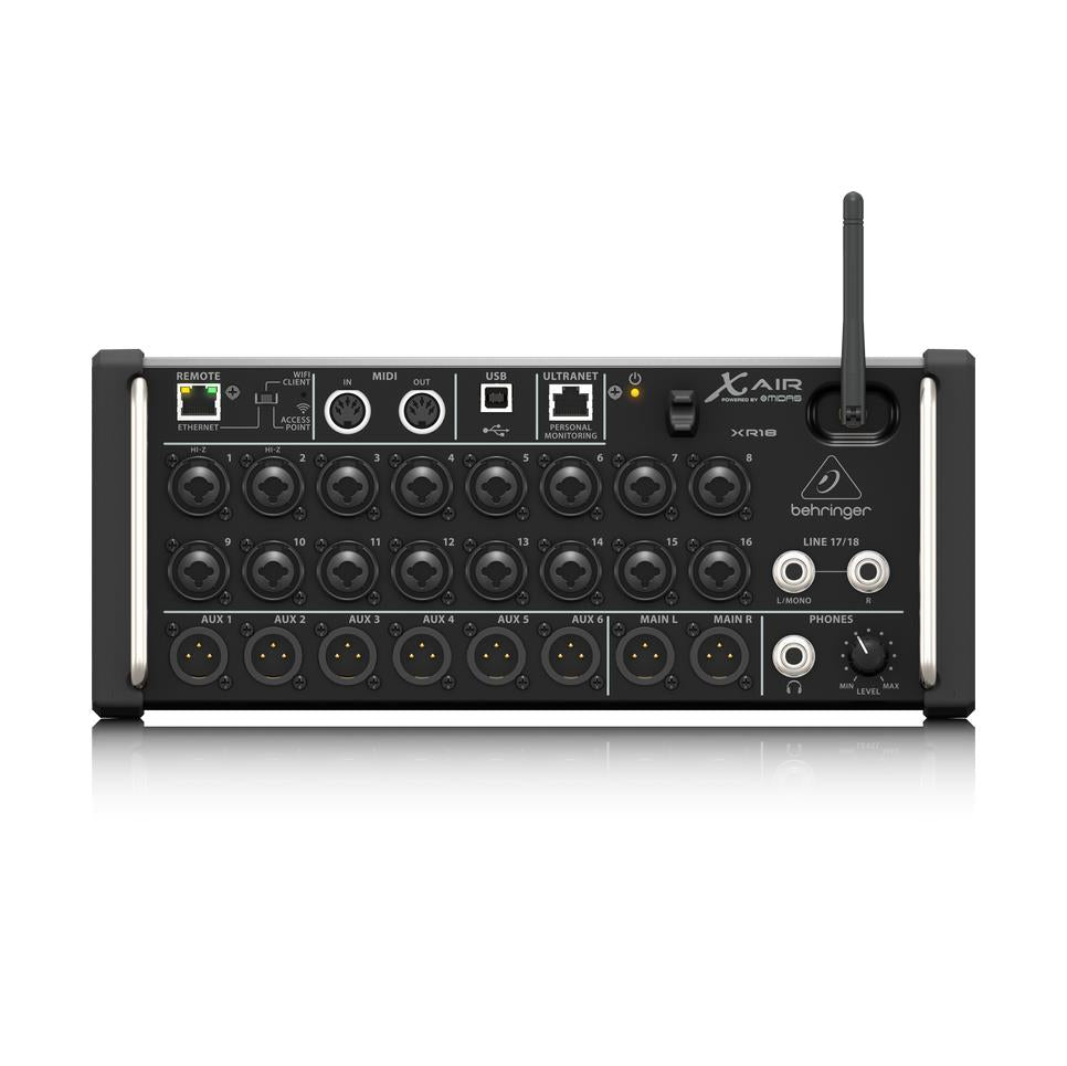 Behringer X Air XR18 digital rack mixer with multiple input channels, touchscreen display, and professional audio controls.