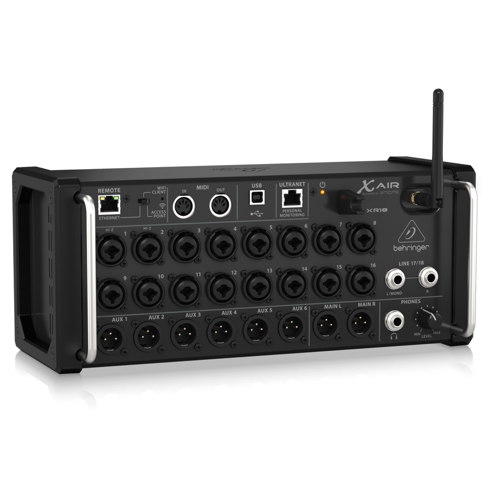 Behringer X Air XR18 digital rack mixer with touchscreen interface and multiple input channels.