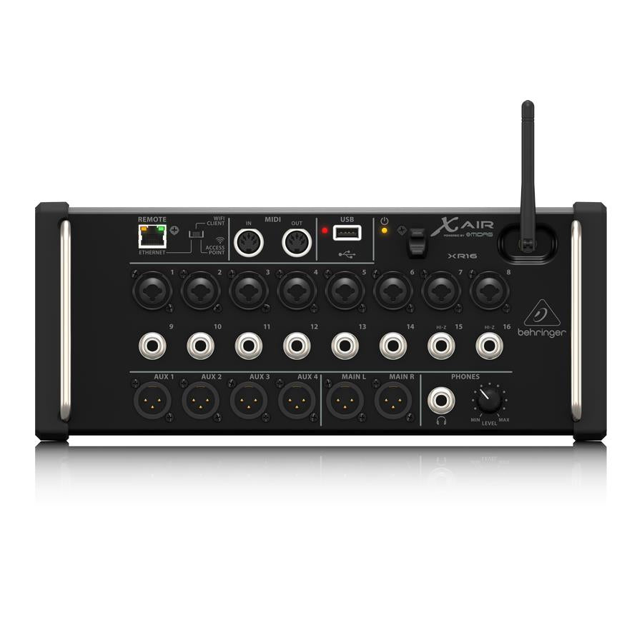Behringer X Air XR16 digital mixer with multiple input channels and a sleek rack design, showcasing its control interface.