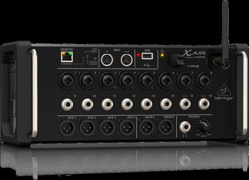 Behringer X Air XR16 digital mixer with sleek design and multiple input/output options displayed on a tabletop.