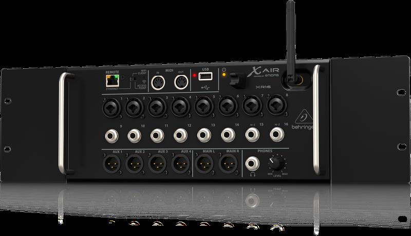 Behringer X Air XR16 digital mixer with a sleek design and multiple input/output options visible on the front panel.