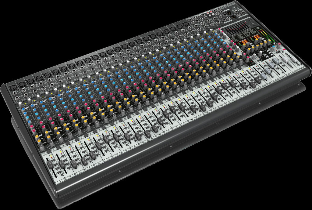 Behringer Eurodesk SX3242FX analogue mixer with multiple input channels, knobs, and faders for professional audio mixing.