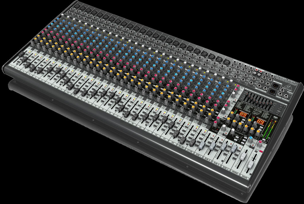 Behringer Eurodesk SX3242FX analogue mixer with multiple input channels and built-in effects, front view of the audio mixing console.