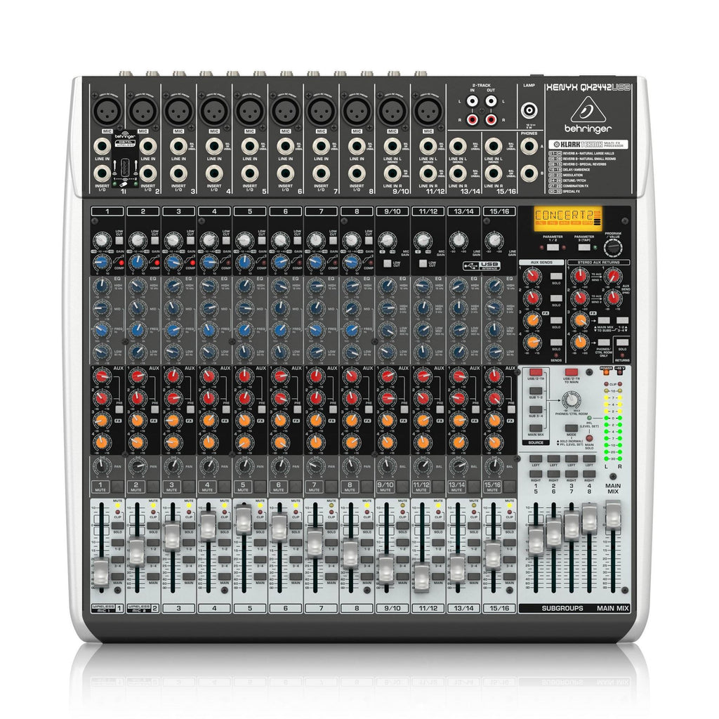 Behringer Xenyx QX2442USB analogue mixer with multiple channels, knobs, and USB port for audio mixing and recording.