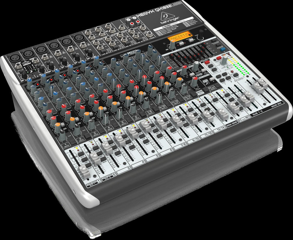Behringer Xenyx QX1832USB analogue mixer with multiple channels, knobs, and USB port for audio mixing and recording.