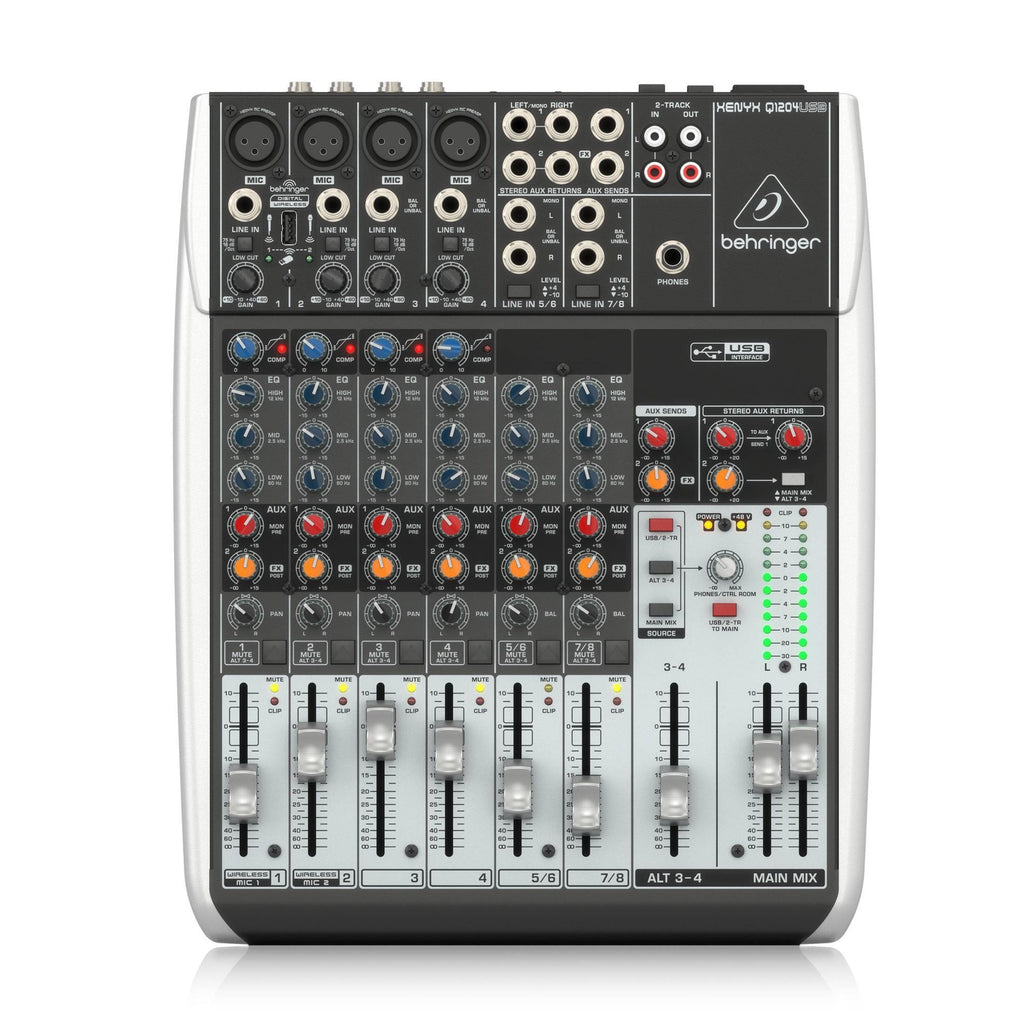 Behringer Xenyx Q1204USB analogue mixer with multiple input channels, knobs, and USB port for audio recording and mixing.