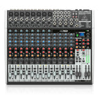 Behringer Xenyx X2222USB analogue mixer with multiple input channels, knobs, and USB output for audio mixing and recording.