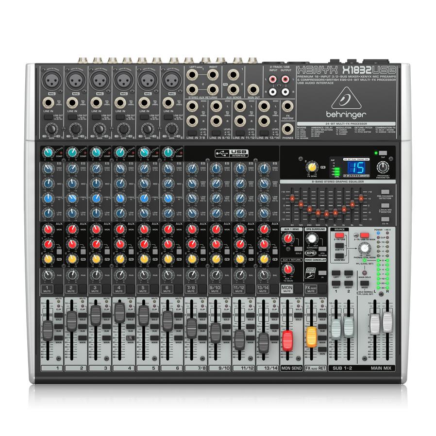 Behringer Xenyx X1832USB analogue mixer with multiple input channels, control knobs, and USB port for audio recording and mixing.