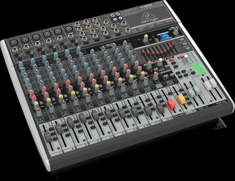 Behringer Xenyx X1832USB analogue mixer with multiple input channels, knobs, and USB connectivity for audio mixing.