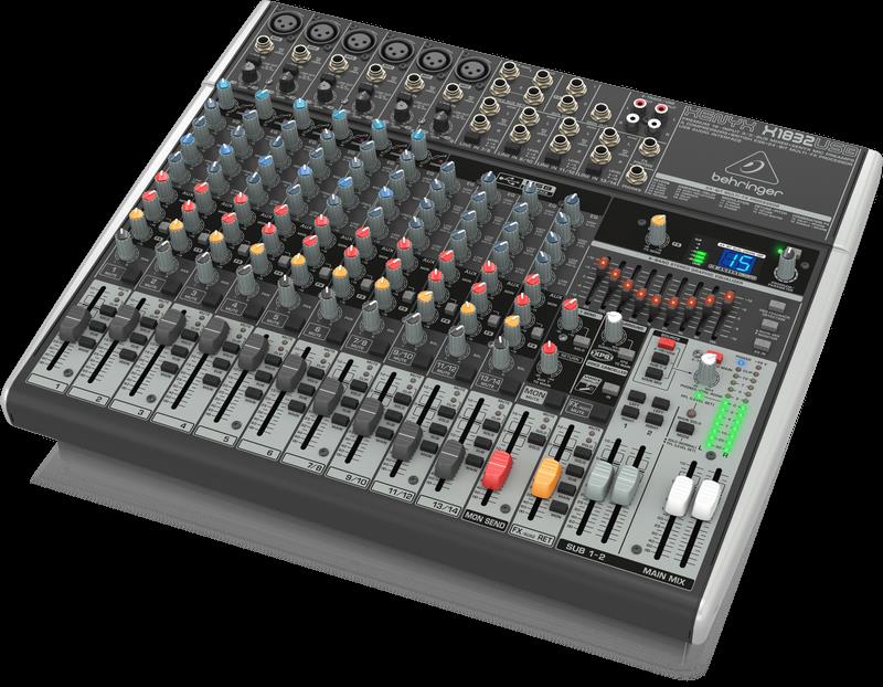Behringer Xenyx X1832USB analogue mixer with multiple channels, knobs, and input jacks for audio mixing and sound control.