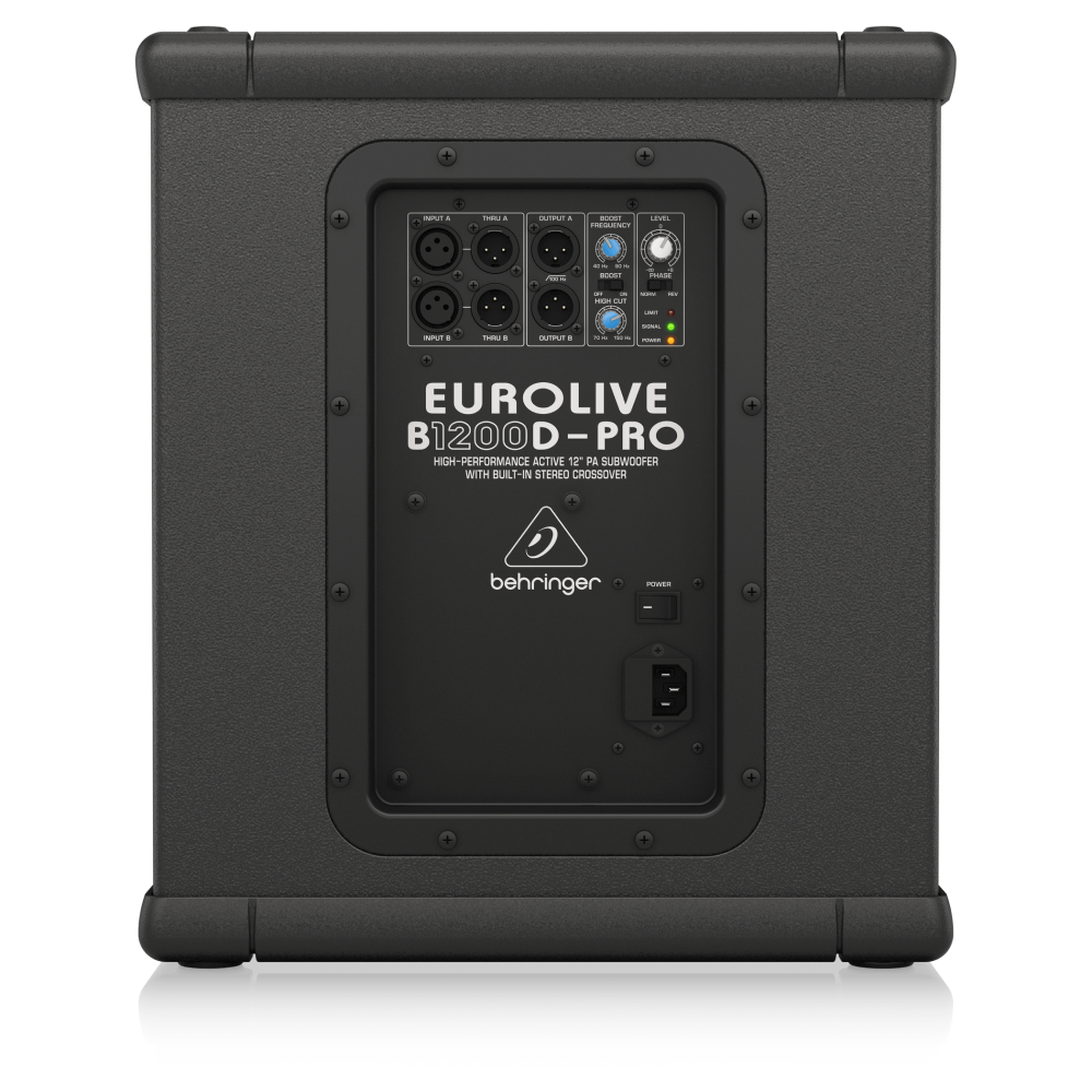 Behringer Eurolive B1200D-PRO 12-inch active subwoofer with built-in stereo crossover and 500W power output for professional sound.