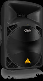 Behringer Eurolive B615D 15-inch powered PA speaker showing a sleek black speaker with control panel and connection ports.