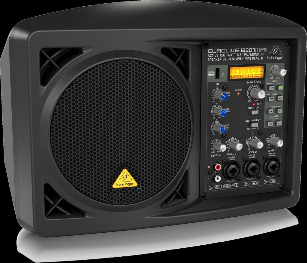 Behringer Eurolive B207DMP3 compact powered PA speaker with 6.5-inch driver and built-in MP3 player, angled for optimal sound projection.