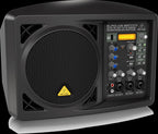 Behringer Eurolive B207DMP3 compact powered PA speaker with 6.5-inch driver and built-in MP3 player, angled for optimal sound projection.