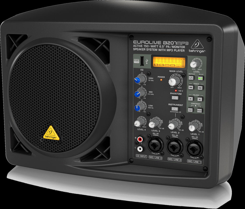 Behringer Eurolive B207DMP3 6.5-inch compact powered PA speaker with inbuilt MP3 player, showing front view with control panel