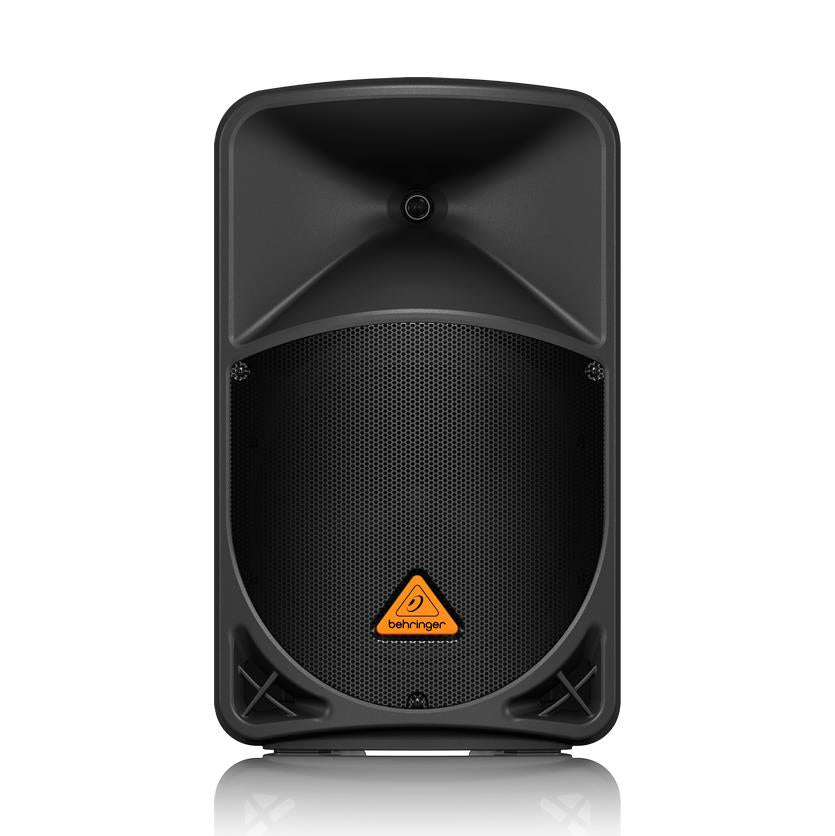 Behringer B112W 12-inch powered PA speaker with 1000-watt amplifier, showcasing its front grille and control panel.