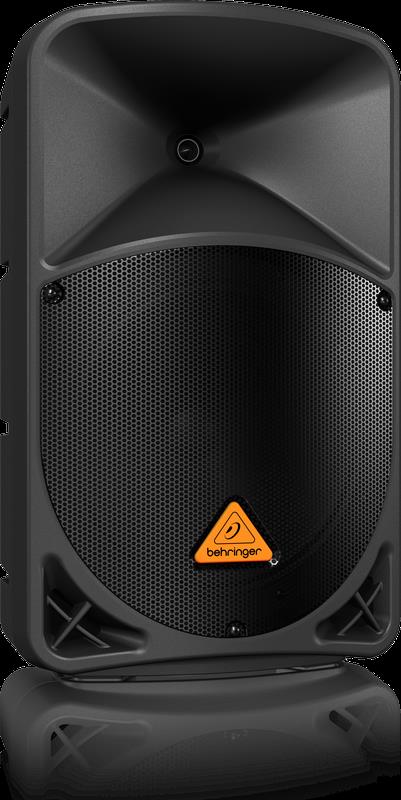 Behringer B112W 12-inch powered PA speaker with 1000-watt output, featuring control knobs and built-in handle for portable sound.