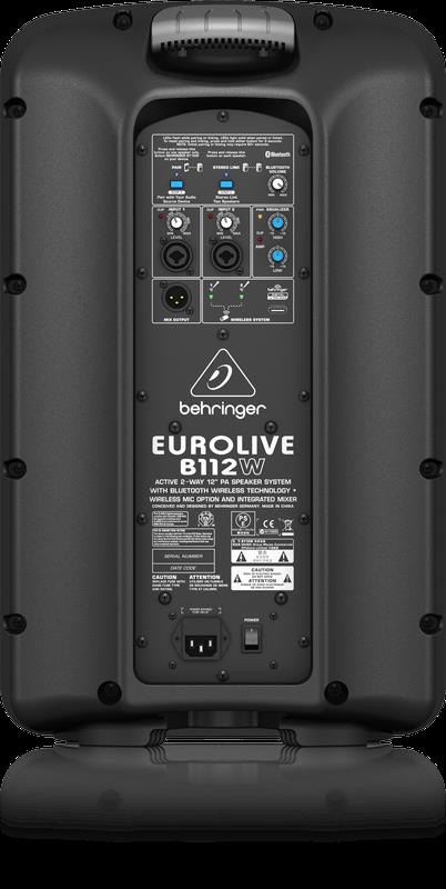 Behringer B112W 12-inch powered PA speaker with 1000 watt capacity, showing the black speaker with control panel and handle.