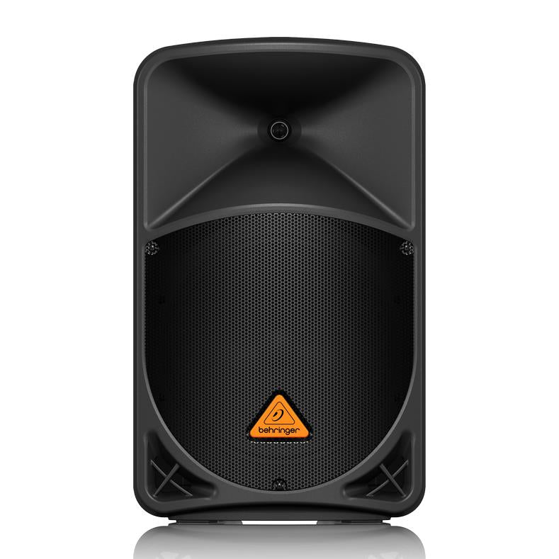Behringer Eurolive B112D 12-inch powered PA speaker with 1000-watt output, showing the speaker front with control panel.