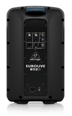 Behringer Eurolive B112D 12-inch powered PA speaker with control panel and speaker grille, showcasing its professional audio equipment