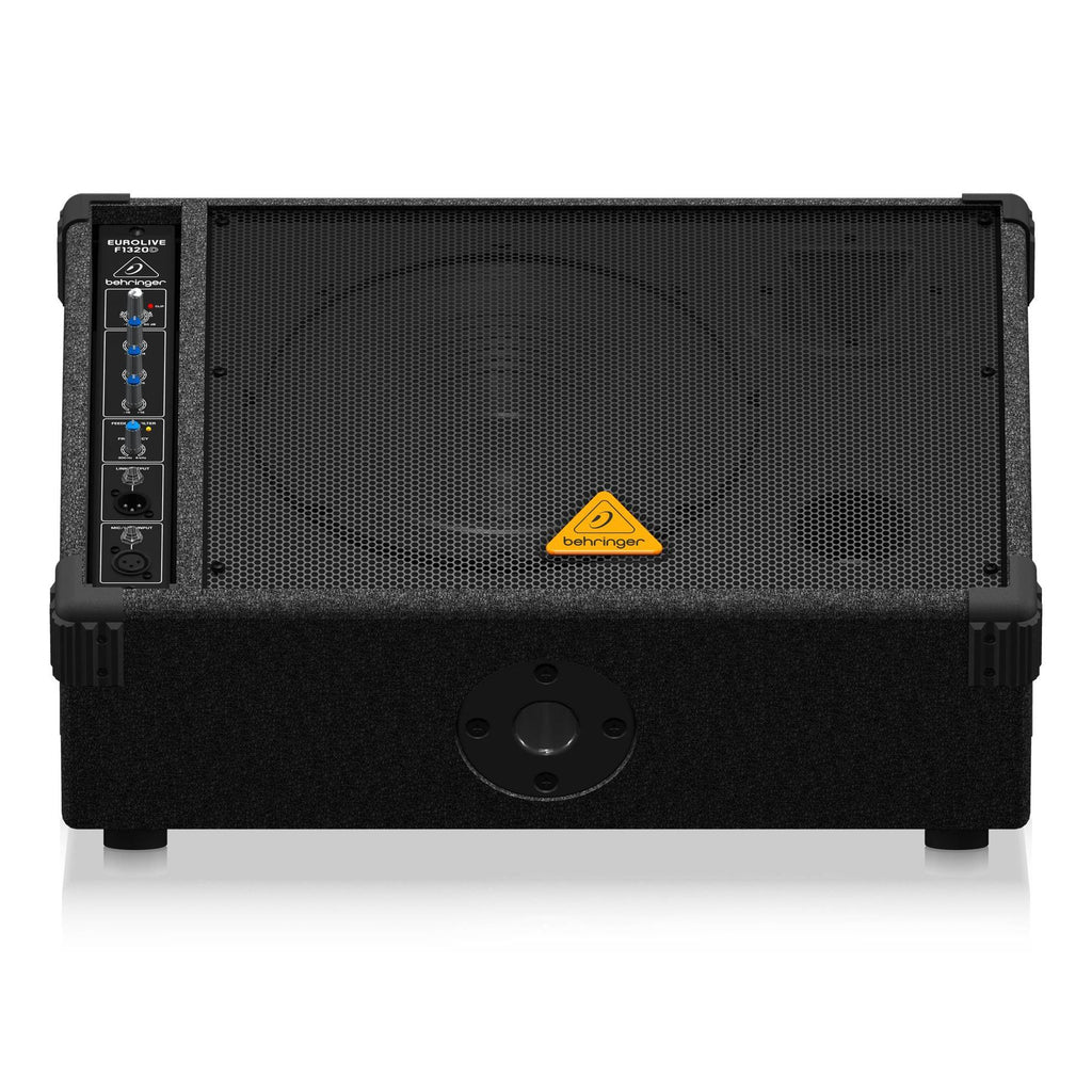Behringer Eurolive F1320D 12-inch powered PA speaker with controls and connections, used as a foldback monitor.