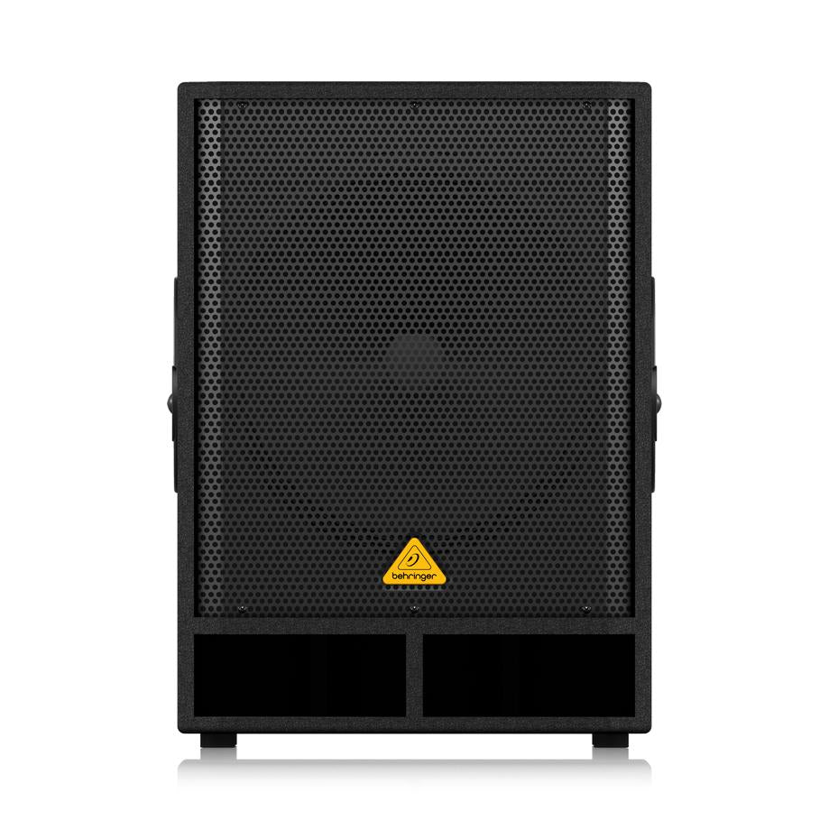 Behringer Eurolive VQ1800D 18-inch powered PA subwoofer with control panel and speaker grille, designed for high-performance sound.