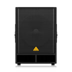 Behringer Eurolive VQ1800D 18-inch powered PA subwoofer with control panel and speaker grille, designed for high-performance sound.