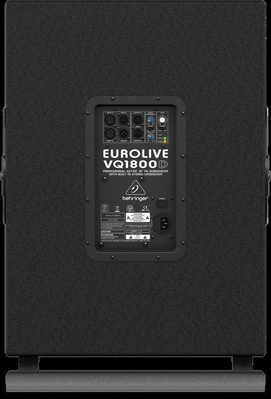 Behringer Eurolive VQ1800D 18-inch powered PA subwoofer with control panel and speaker grille, 500W output for live sound.