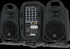 Behringer Europort PPA500BT compact powered PA speakers set with control panels and speaker drivers, ideal for portable sound.