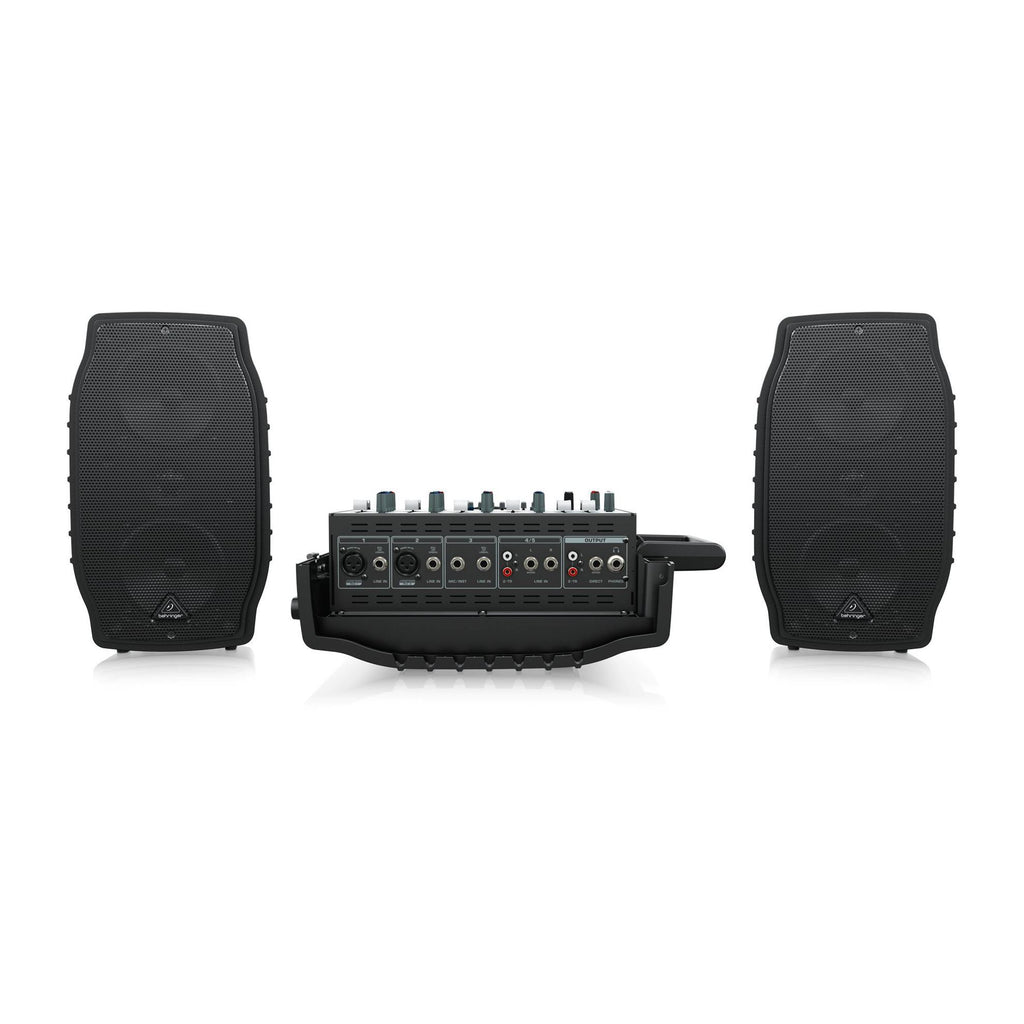 Behringer Europort PPA200 compact powered PA speakers set, showing front view with control panel and speaker grille.