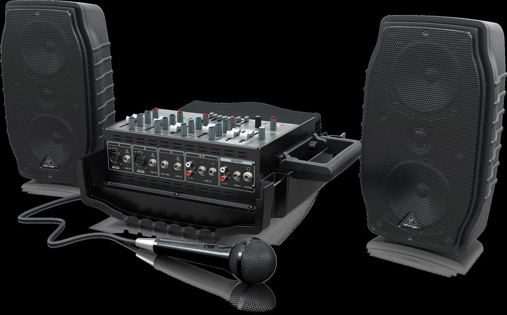 Behringer Europort PPA200 compact powered speaker with control panel and speaker grille, designed for portable sound amplification.