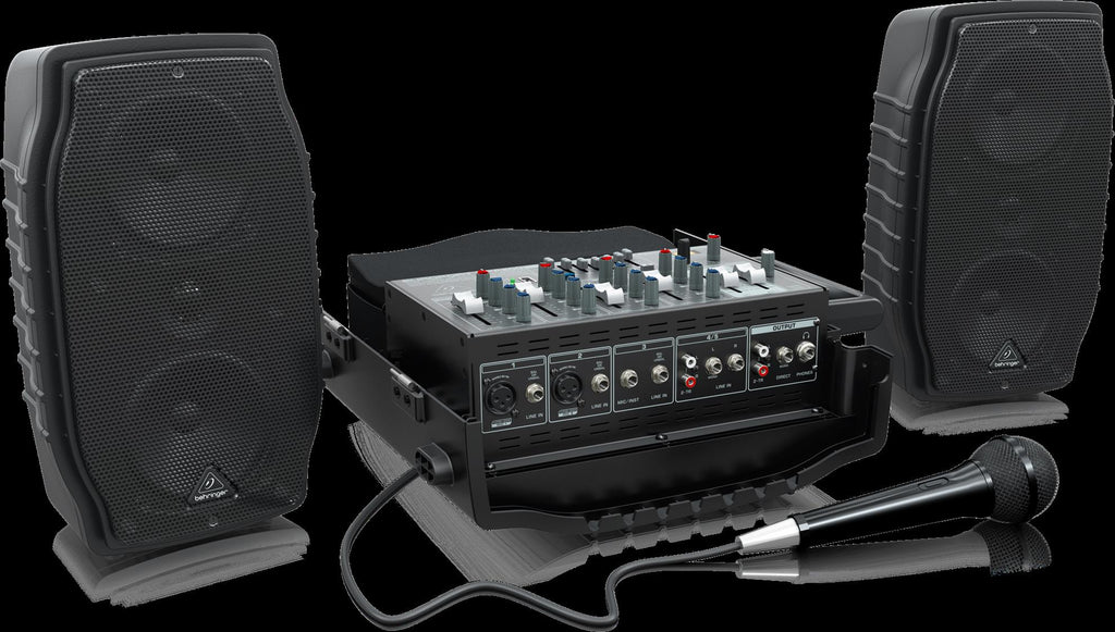 Behringer Europort PPA200 compact powered PA speakers with built-in handles and control panel for portable sound reinforcement.