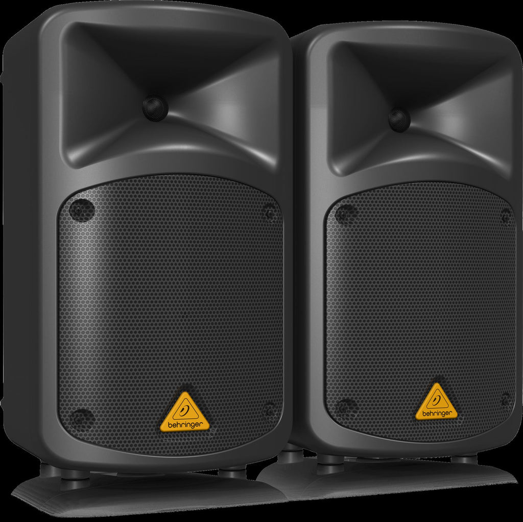 Behringer Europort EPS500MP3 compact powered PA speakers set with control panel and speaker grills.