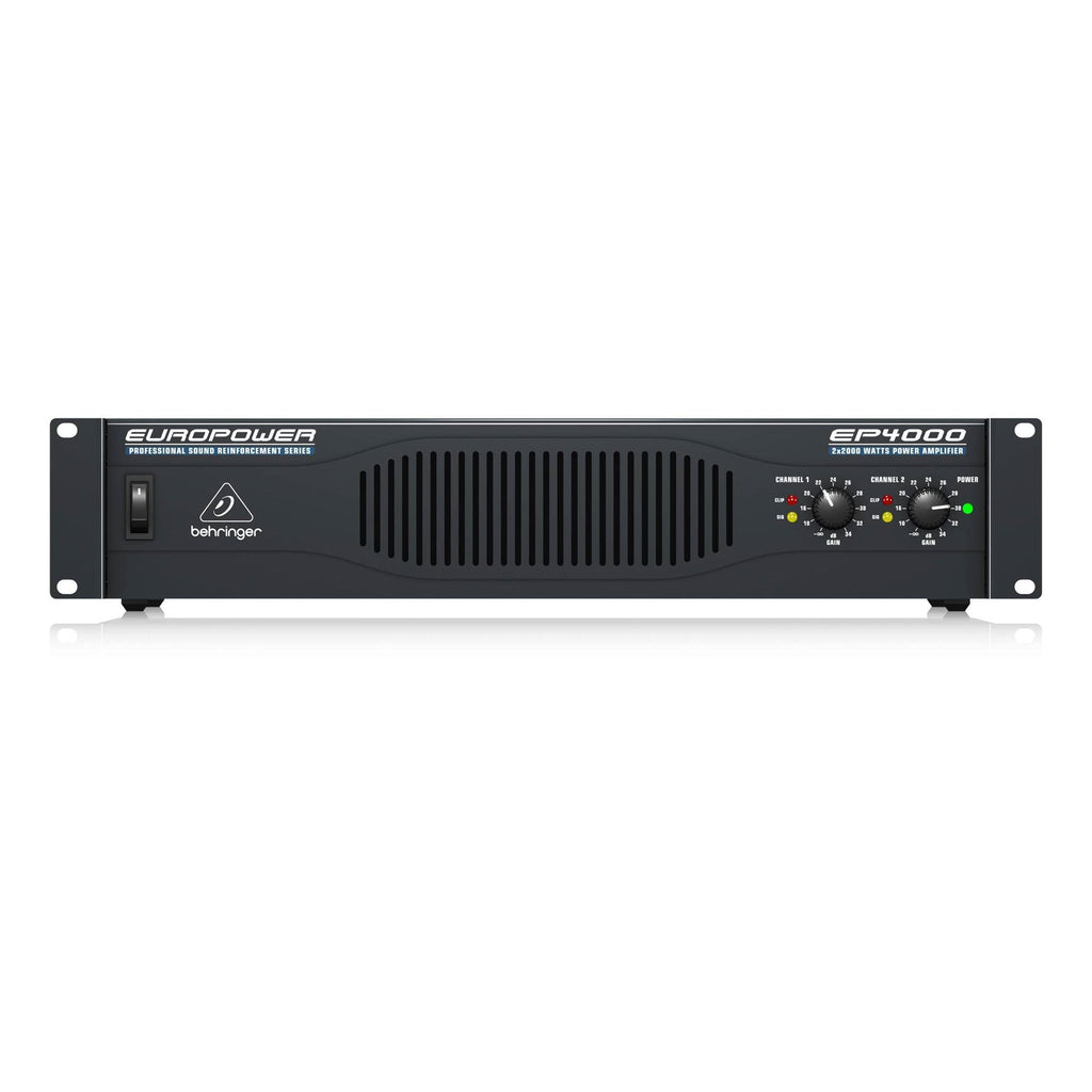 Behringer Europower EP4000 PA amplifier showing front panel with control knobs and power indicator lights.