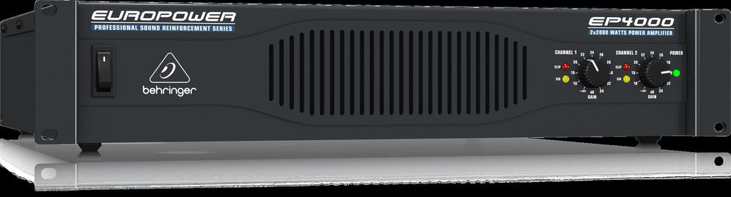 Behringer Europower EP4000 PA amplifier showing front panel with control knobs and power switch, used for professional sound amplification.