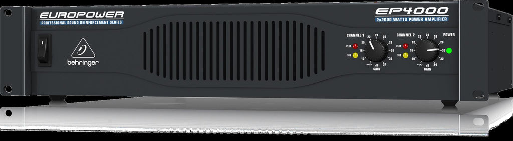 Behringer Europower EP4000 power amplifier with cooling vents and control knobs, designed for professional audio PA systems.
