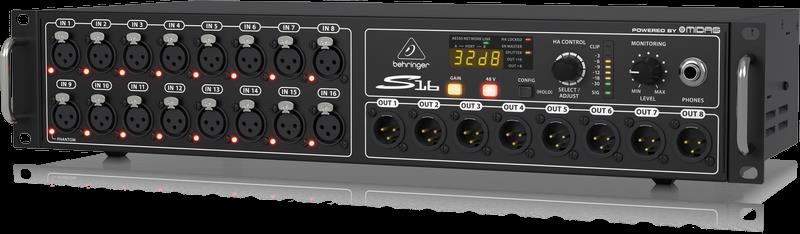 Behringer S16 digital snake interface rackmount with multiple input and output ports for professional audio setup.