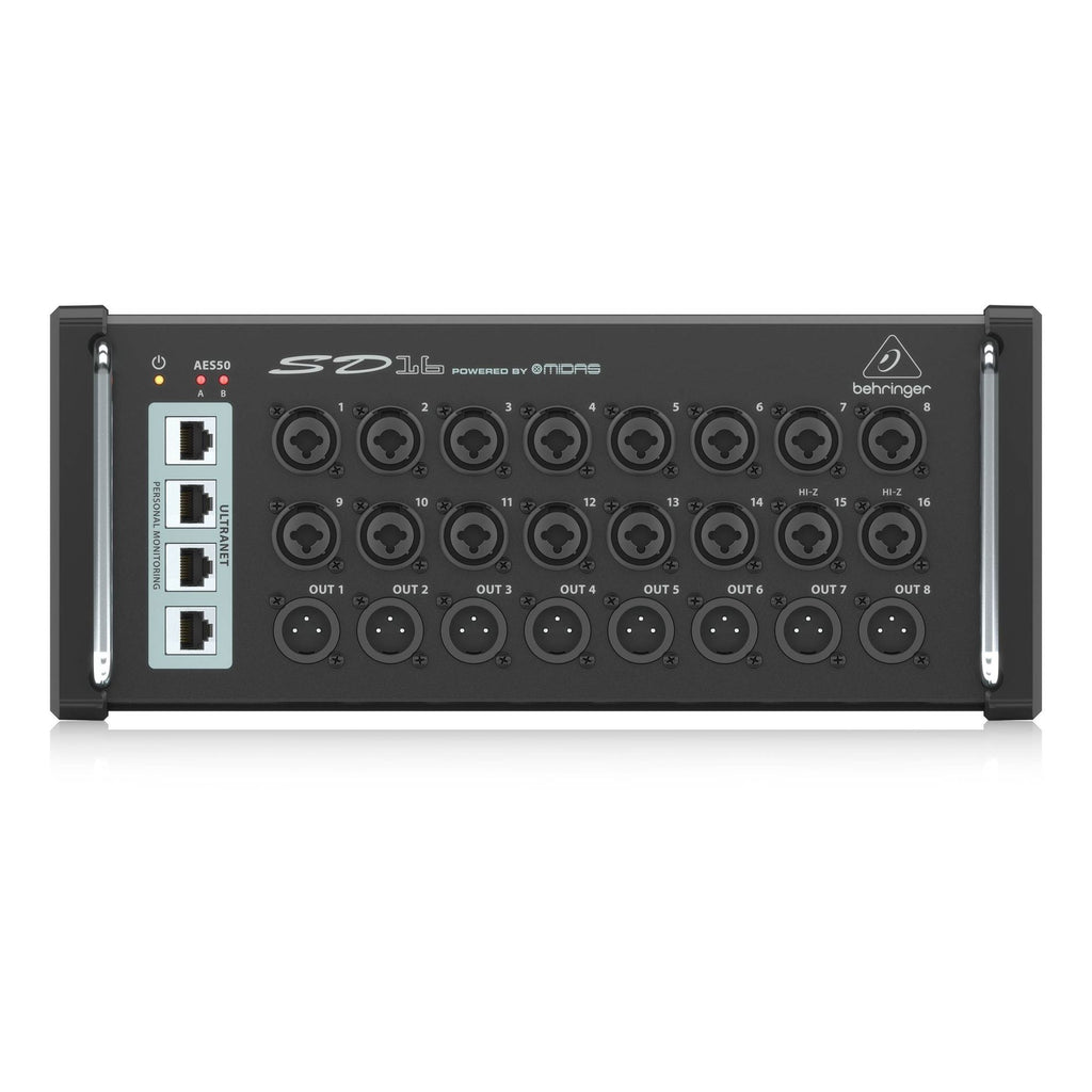 Behringer SD16 stage box interface with multiple input and output ports for PA system connections.